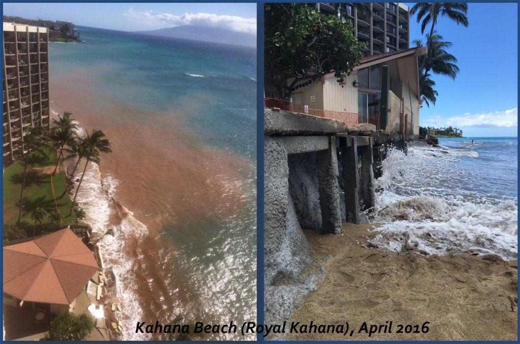 Scenic beach pictures showing extreme erosion at the very base of the Royal Kahana hotel.