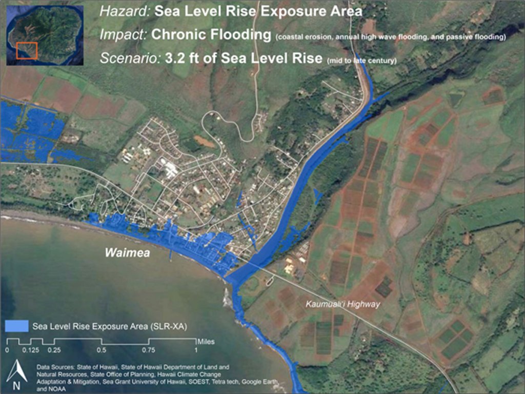 Computer colored blue overlying aerial photo of Kauai'i coastal community, illustrating excessive flooding expected from sea level rise