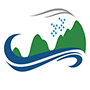 The waves, mountains and rain appear to be in harmony in this small round logo