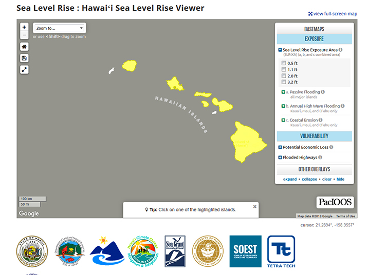 Screenshot of sea level rise viewer - map of Hawaiian Islands