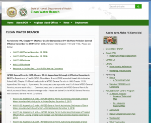 Screen shot of webpage 'state of hawaii department of health clean water branch'