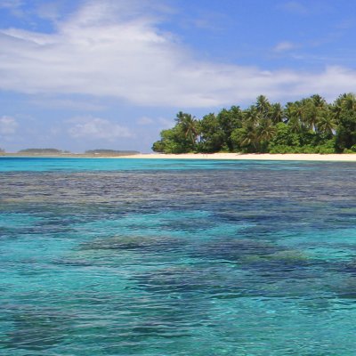 A coral reef sits infront of a white sandy island