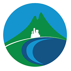 Logo featuring an illustration of a lagoon, mountain and a city
