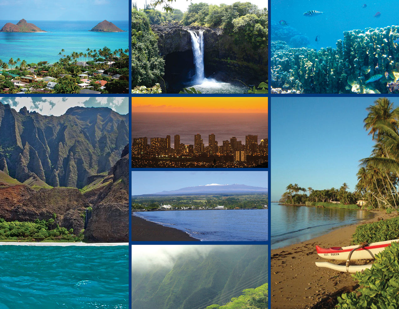 Cover of Climate Change in Hawaii publication, 2014. Composite image of several classic Hawaii land/seascape environments