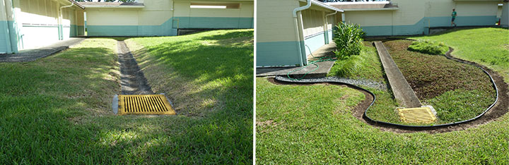 A before and after image of green infrastructure being utilized at Manoa elementary