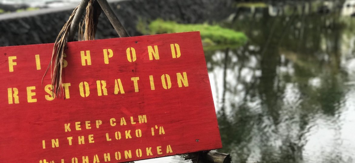 Sign lies next to a fishpond that reads 'Fishpond Restoration, keep calm in the loko i'a'