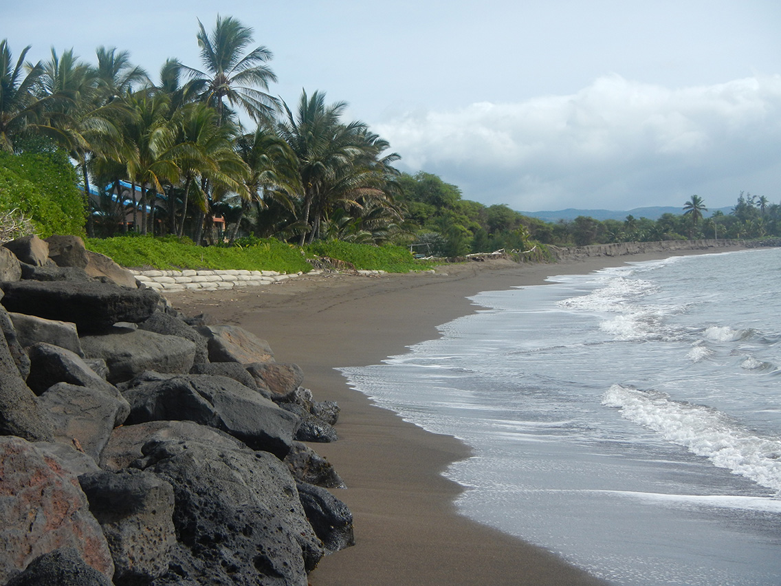 Waves slowly crash onto a shore lined with sand bags