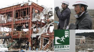 A destroyed building, two men wear hard hats and there in a sign for a 'Tsunami Evacuation Area'