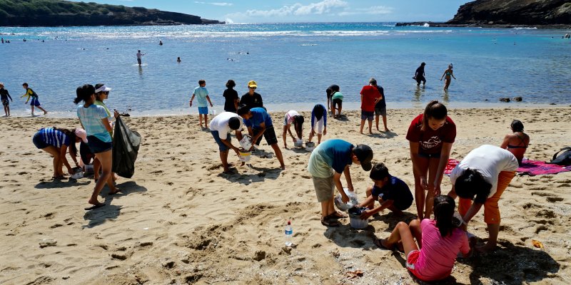 people on beach at hanauma bay cleaning up debris