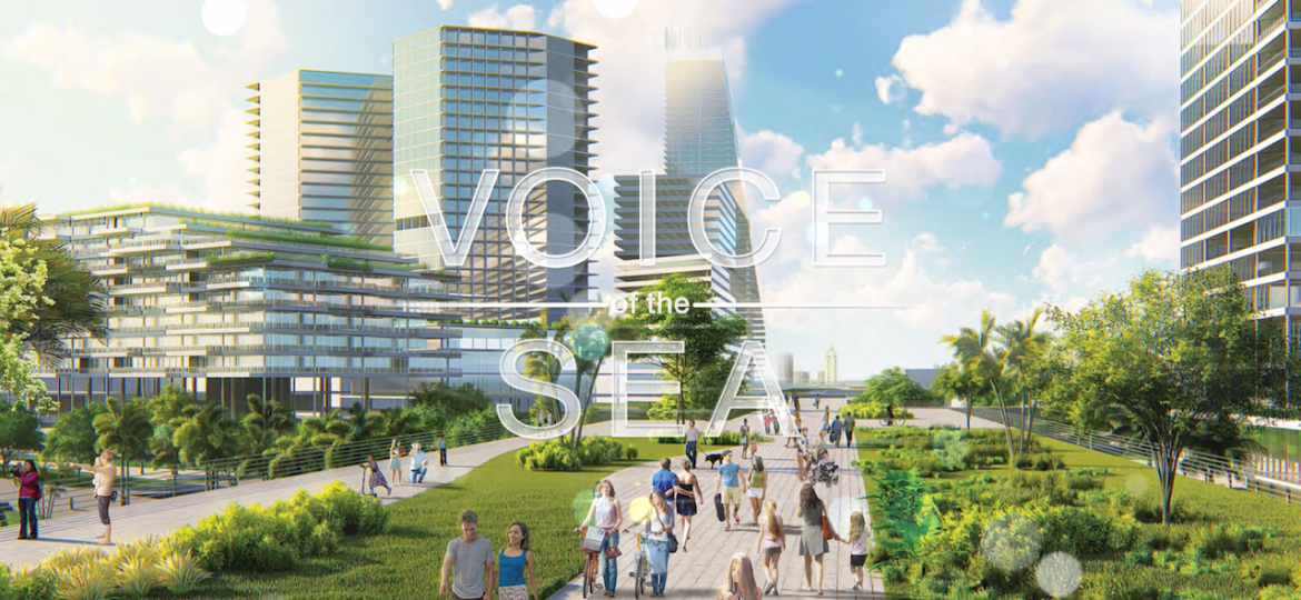 Voice of the Sea cover image with a design for a future coastal city in the background