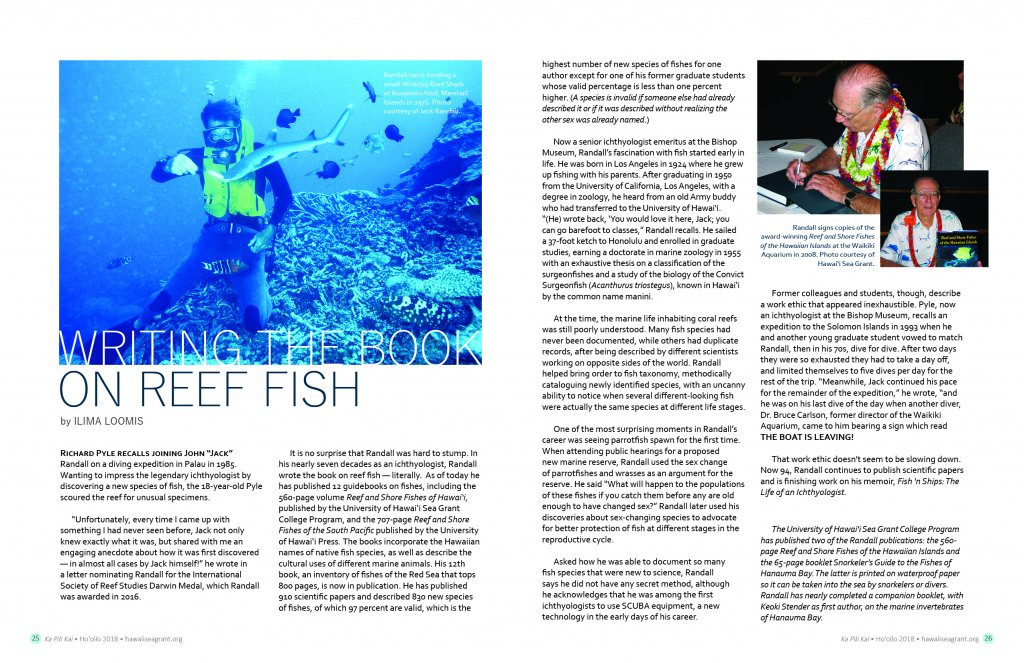 Layout view of article with a photo of jack randall diving Kwajalein Atoll waters in 1976 and second page has photod of Jack signing one of his many books at a book signing event