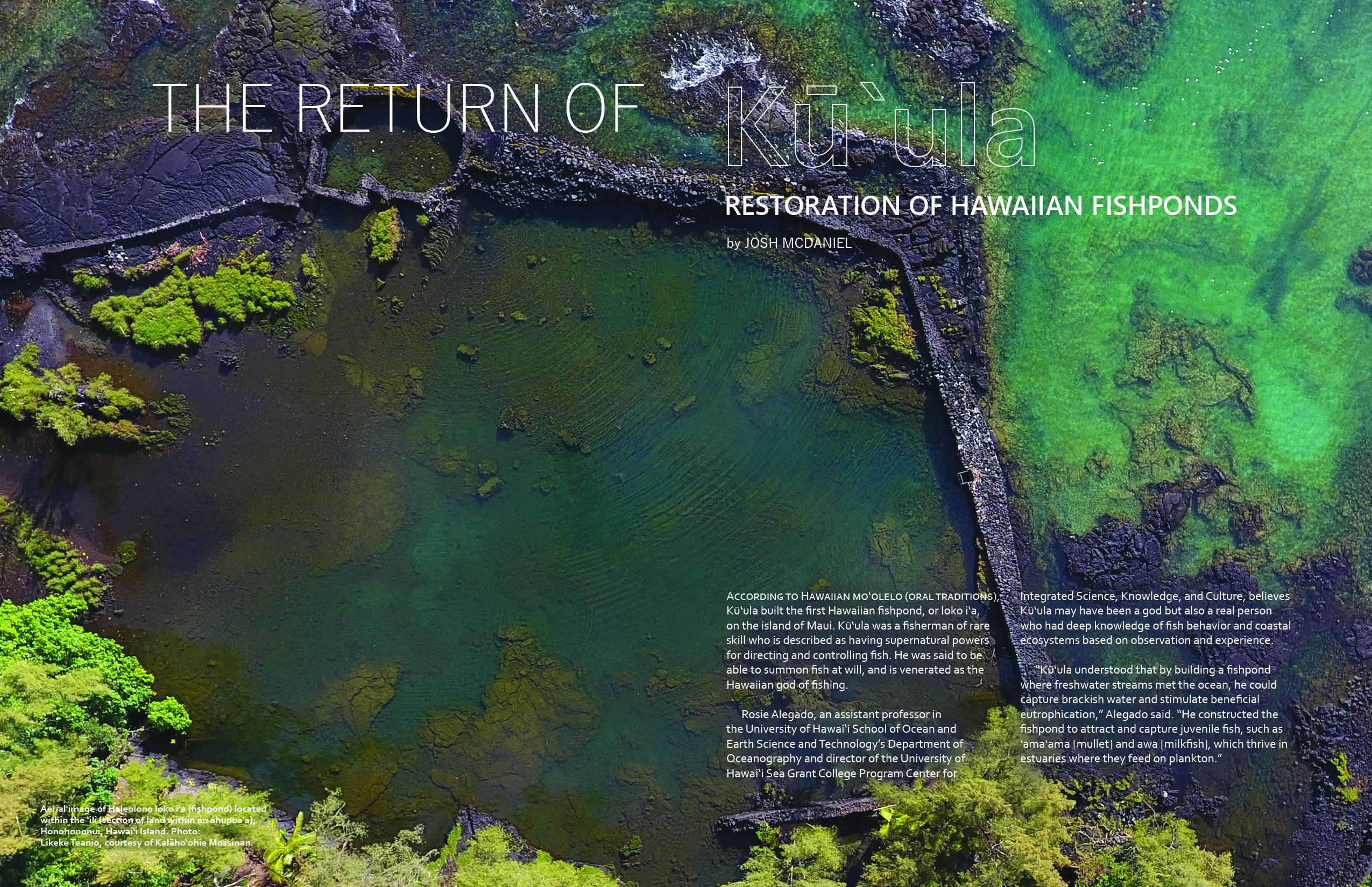 First page of article with large aerial photo of Hawaii Island fishpond and wall