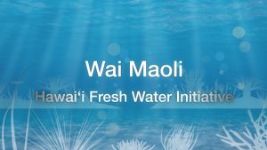 Simple graphic for 'Wai Maoli: Hawaii Fresh Water Initiative' with an ocean inspired blue graphic background
