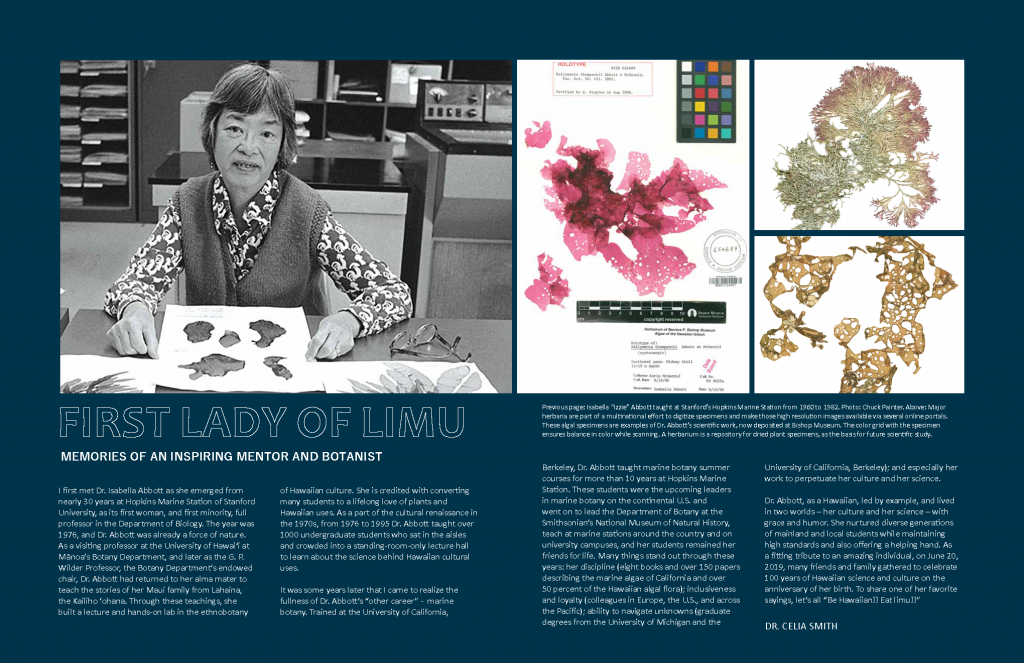 opening spread for "first lady of limu" article, Ka Pili Kai Hooilo 2019