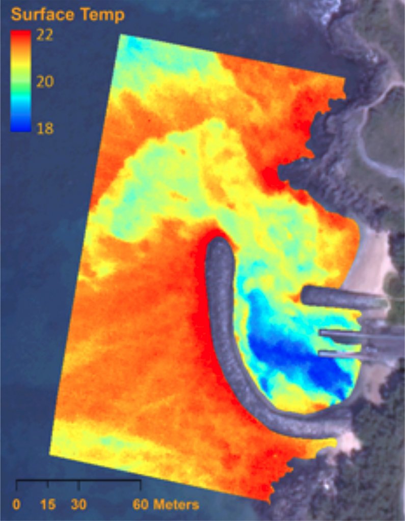 Map view of coastline with super-composed thermal data showing locations of groundwater entry of ocean