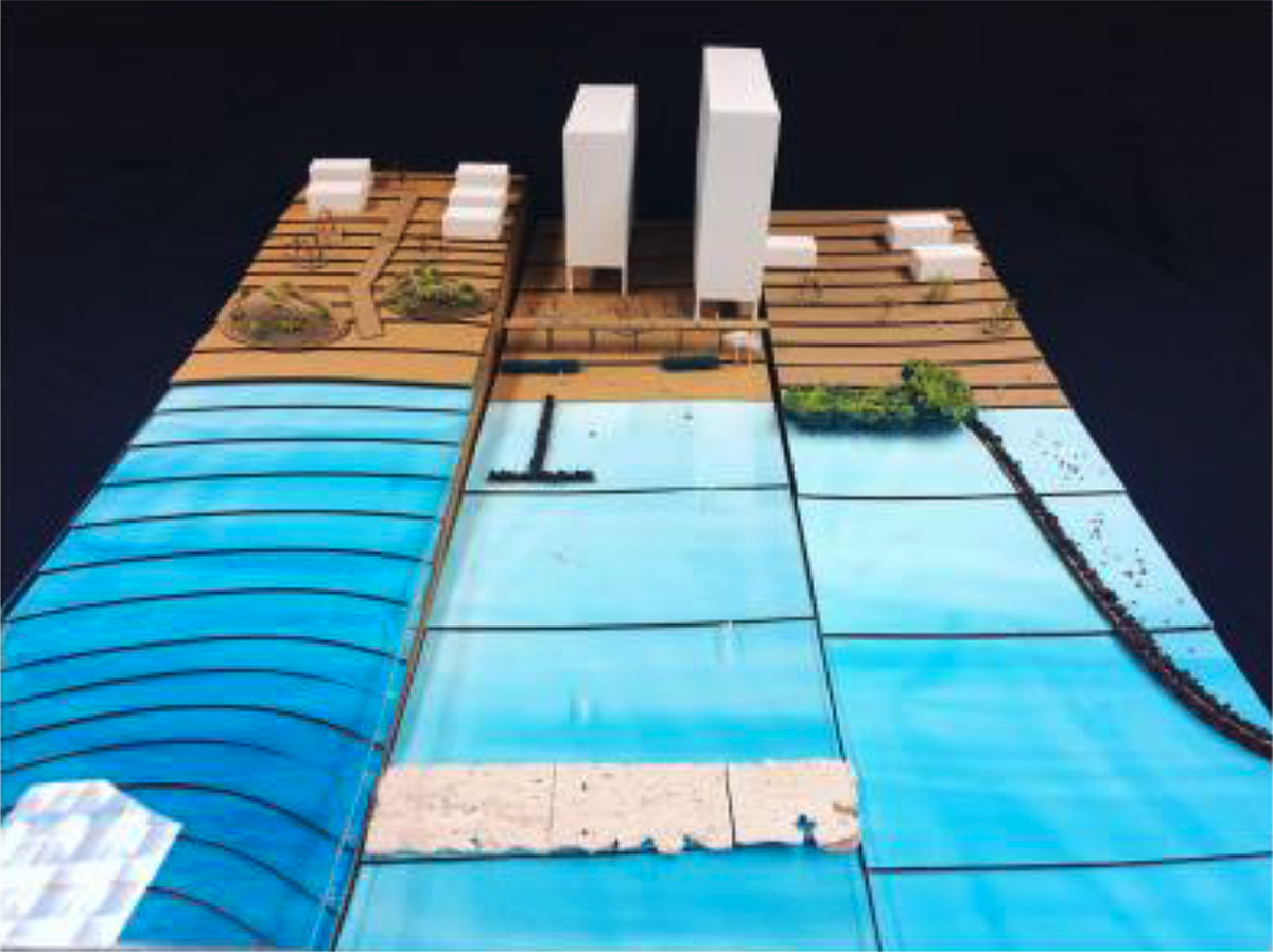 Model with a shoreline and buildings