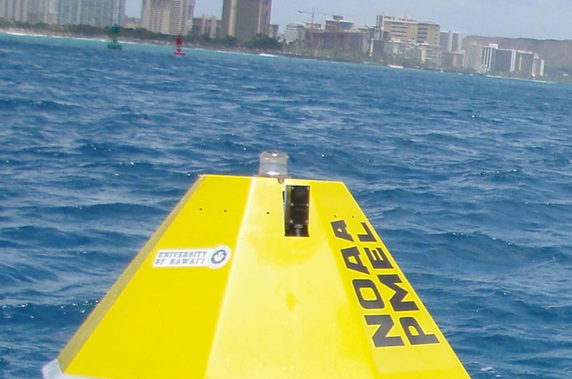 Thumbnail image of yellow buoy floating in blue Hawaiian waters