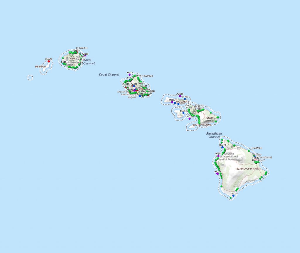 Map of Hawaiʻi islands showing locations of marine pollutants