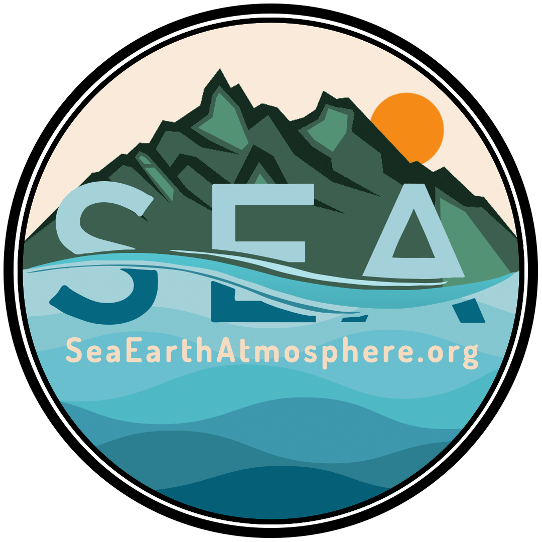 Sticker logo for 'Sea Earth Atmosphere.org' depicting a mountain and the ocean