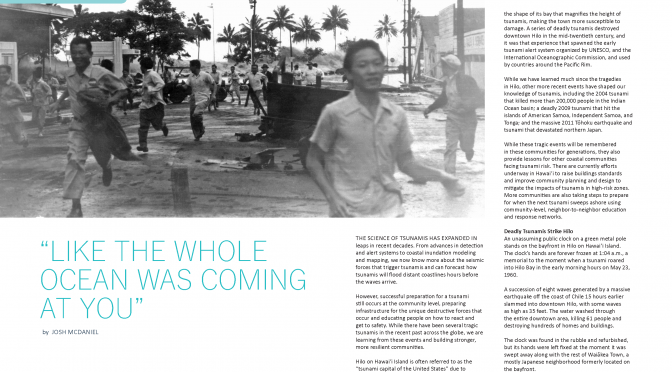 Title layout including black and white photo of people running from 1946 tsunami surge in Hilo
