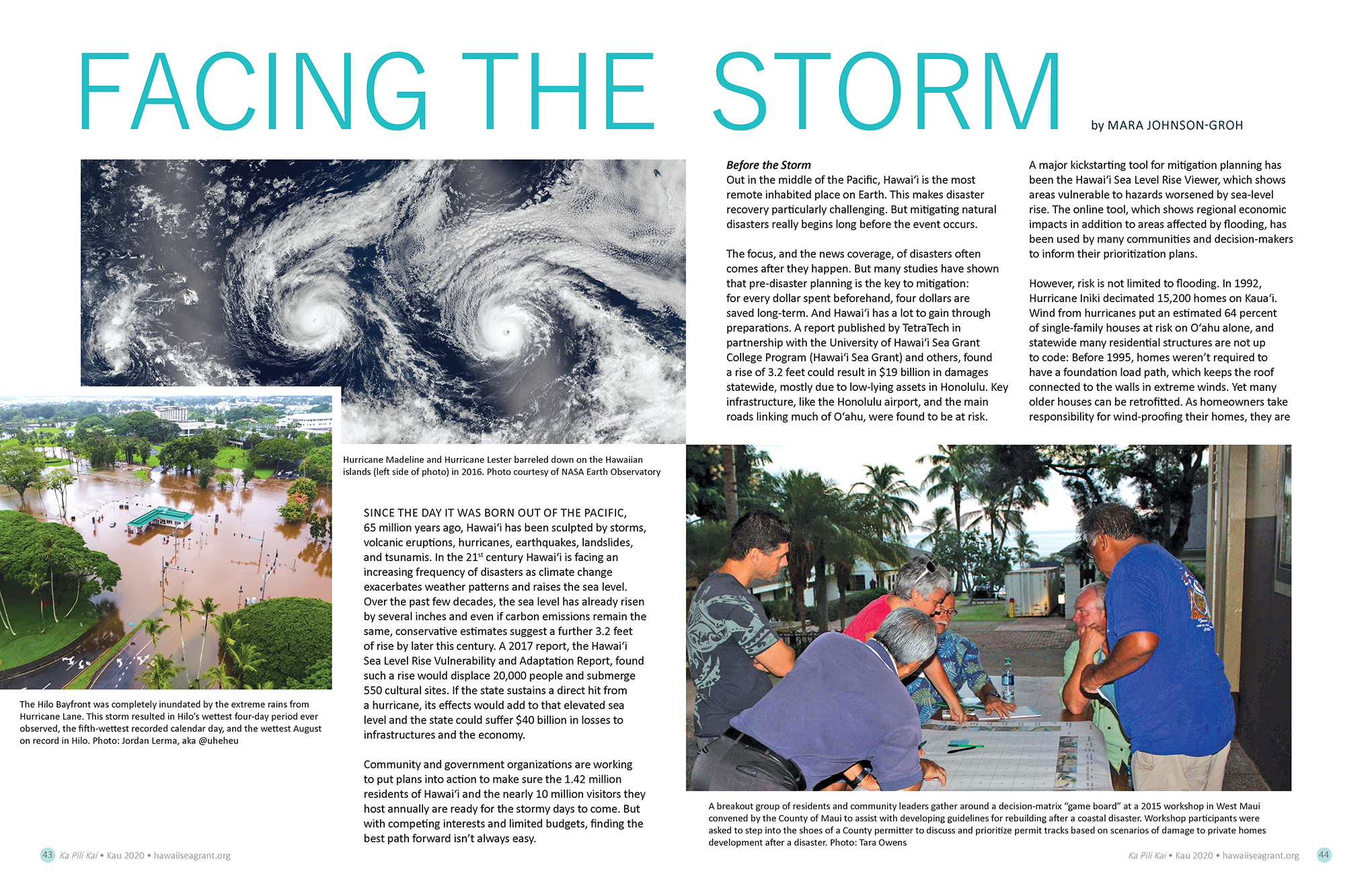 Title layout including sattelite pacific hurrican image, Hilo flooding, and community planning group around a table