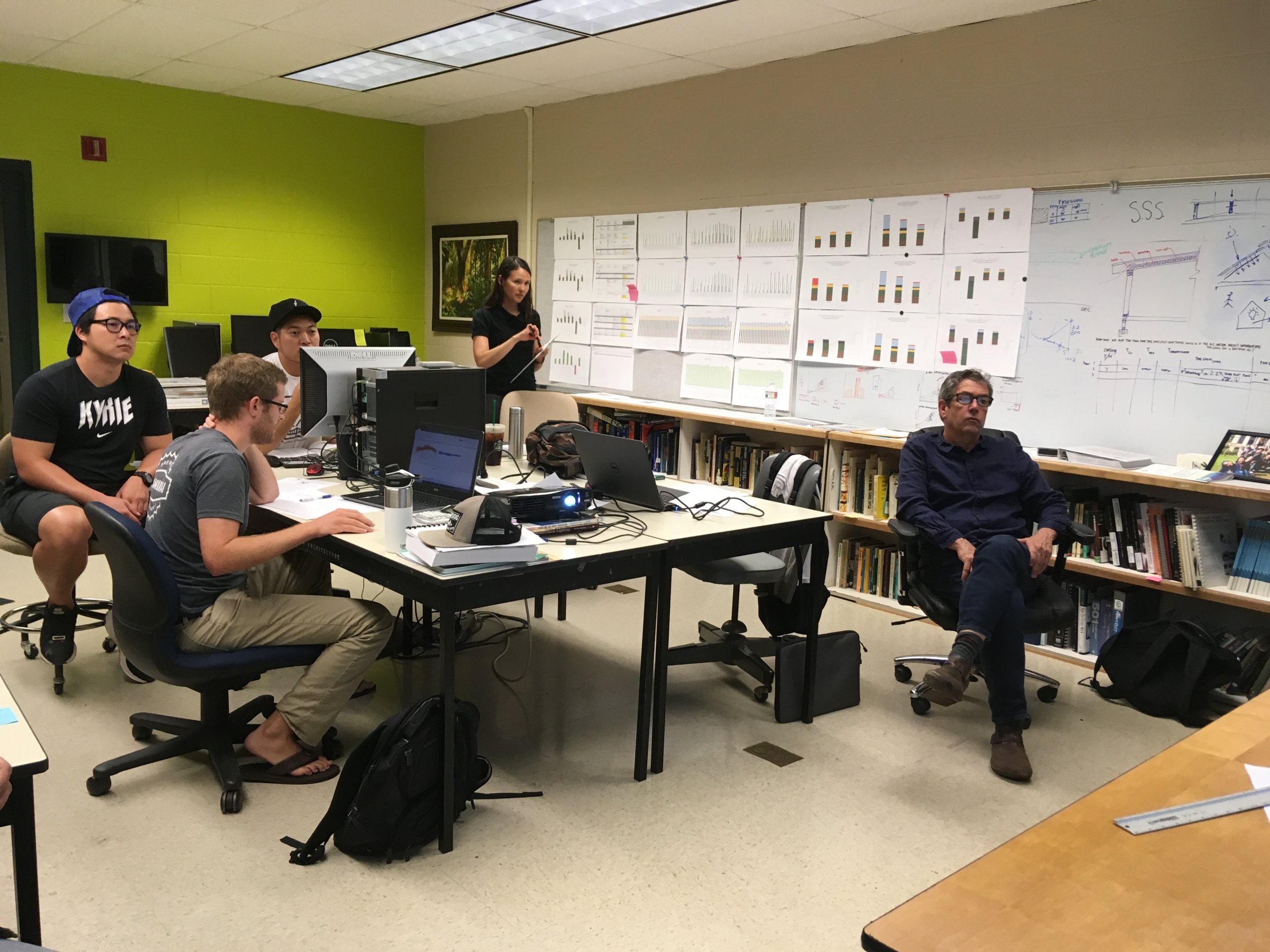 Three students and two professors in an architecture lab.