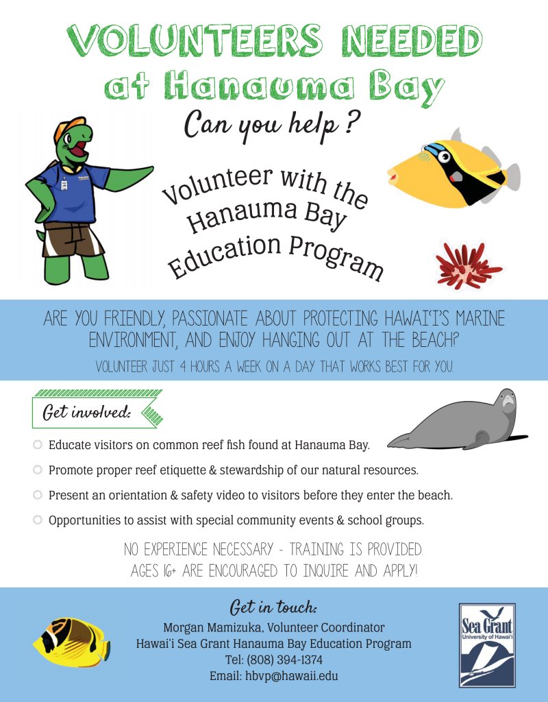 Recruitment flyer for volunteers at Hanauma Bay. Contains illustrations of a standing turtle, a triggerfish, a monk seal, a piece of coral and the Sea Grant Hawaii logo