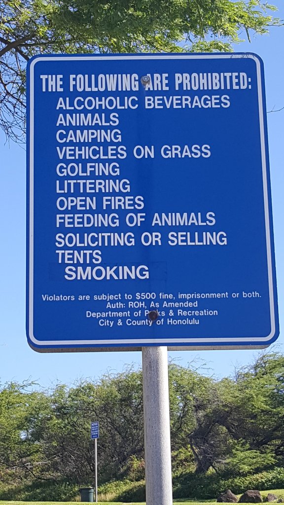 Image of a sign stating: The following are prohibited Alcoholic Beverages Animals Camping Vehicles on Grass Golfing Littering Open Fires Feeding of Animals Soliciting or Selling Tents Smoking Drones Ball Playing