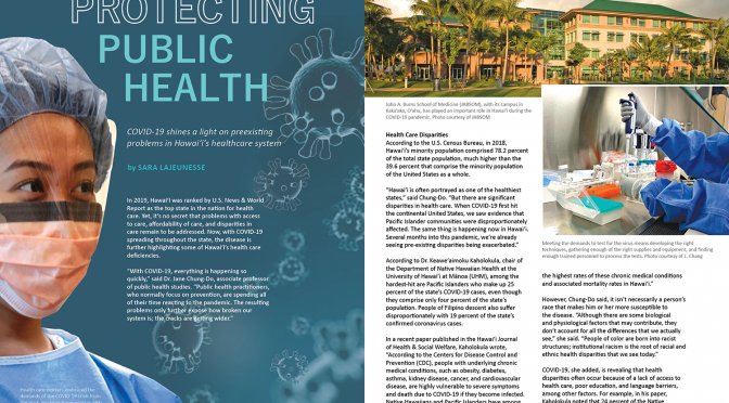 Lead spread for Ka Pili Kai article Protecting Public Health. Includes composit image of student in full PPE and COVID virus renderings, image of UH medical school building exterior and close up shot of gloved hands in a lab with a syringe-like device. and test tubes.