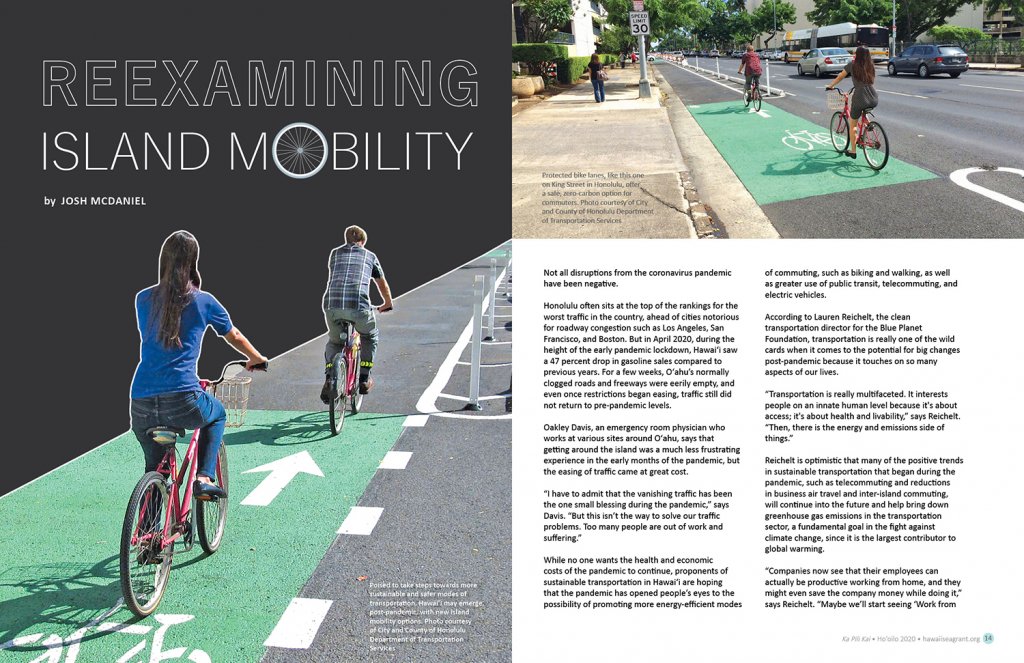 Lead spread for Ka Pili Kai article Reexamining Island Mobility. Images of two pairs of bike riders in bike lanes along a main honolulu street.