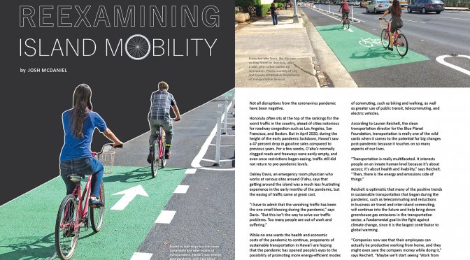 Lead spread for Ka Pili Kai article Reexamining Island Mobility. Images of two pairs of bike riders in bike lanes along a main honolulu street.