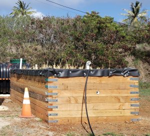 Three-foot high wooden walls enclose a small plot of soil and plants.