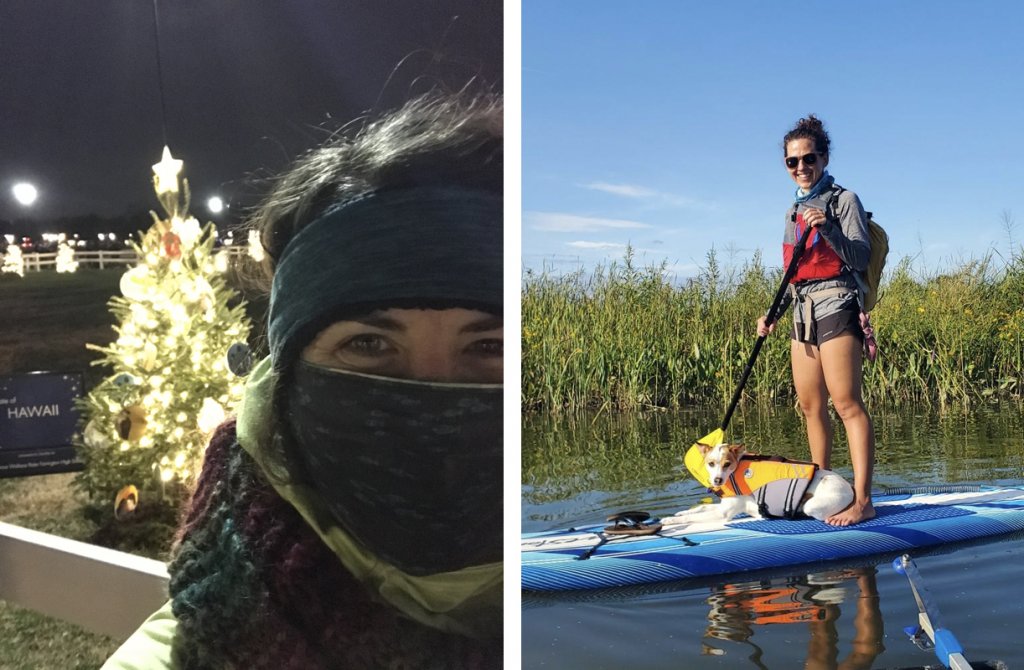 Combined images of Beth in front of a decorated tree outside, and a sunny day where Beth is standing on a paddling board with her small dog at her feet on calm water with grasses in the background