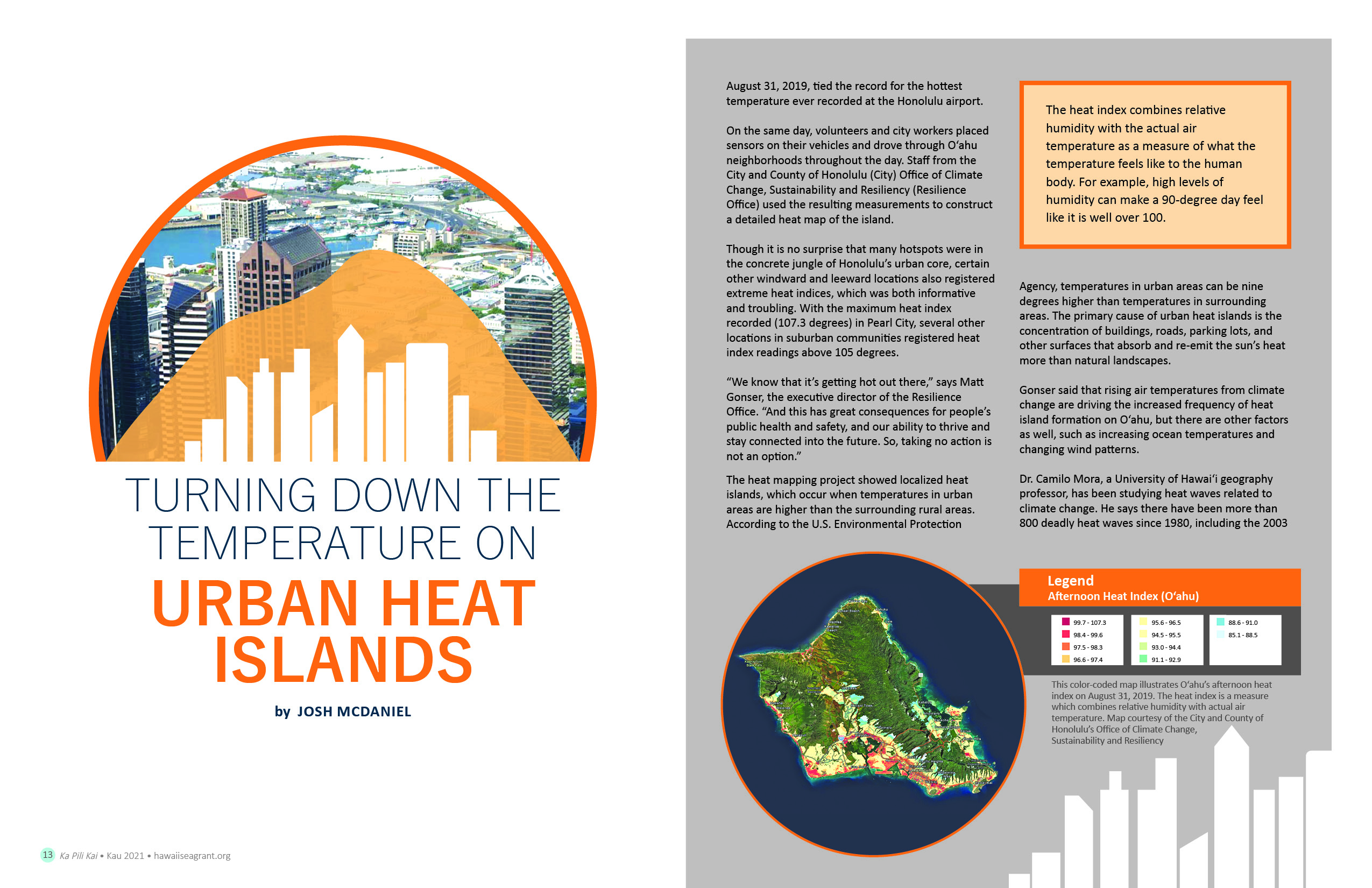 Article 'Turning Down the Temperature on Urban Heat Islands' by Josh McDaniel. Includes an aerial view image of Oahu and a map of Oahu.