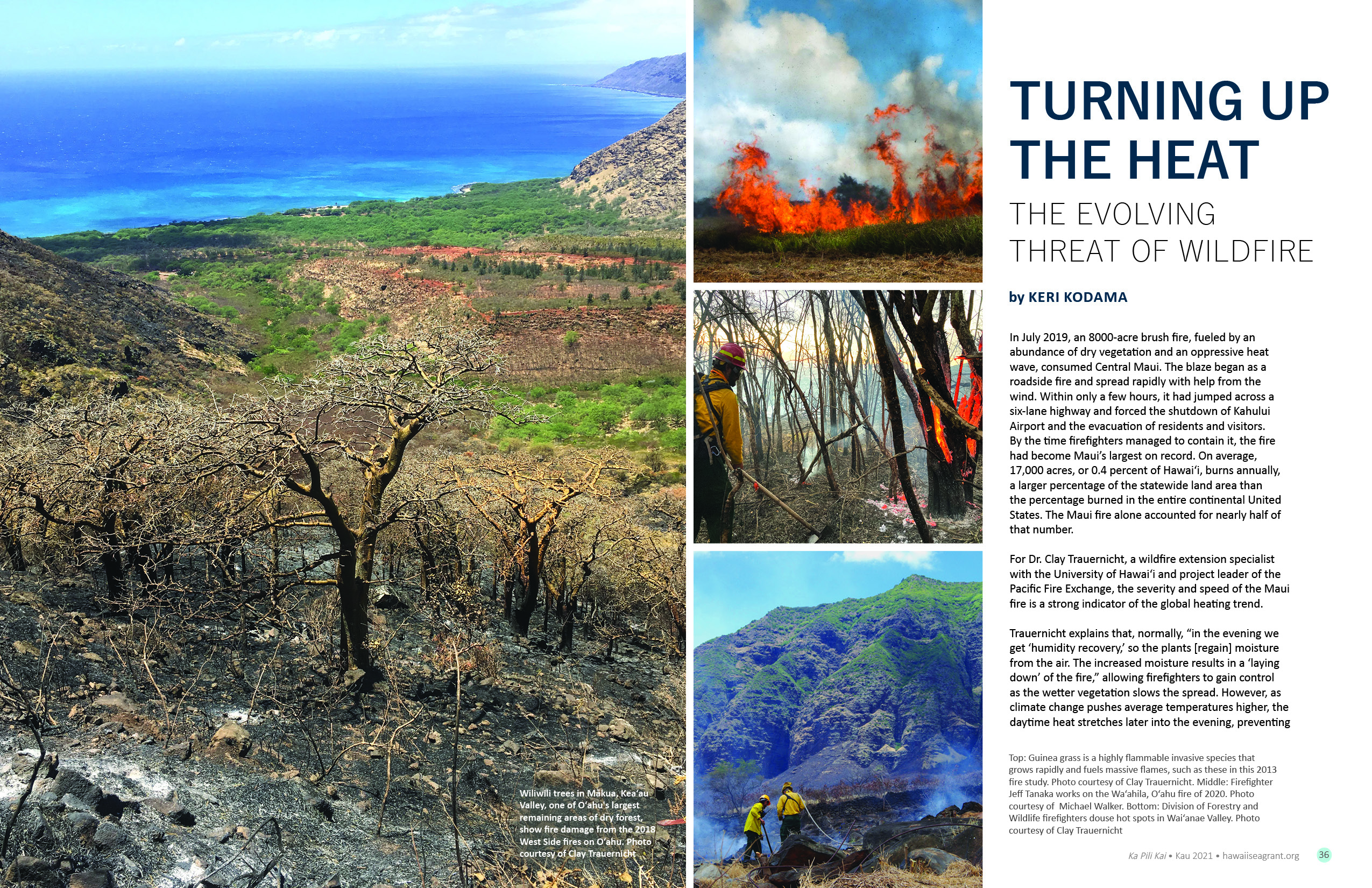 Article 'turning up the heat: the evolving threat of wildfire' by Keri Kodama. Includes images of fire damage on West Oahu