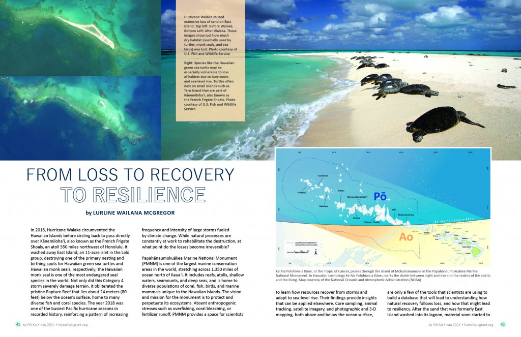 Article 'From loss to recovery to resilience' by Lurline McGregor. Includes images on turtles resting on a beach and a map of the North West Hawaiian Islands
