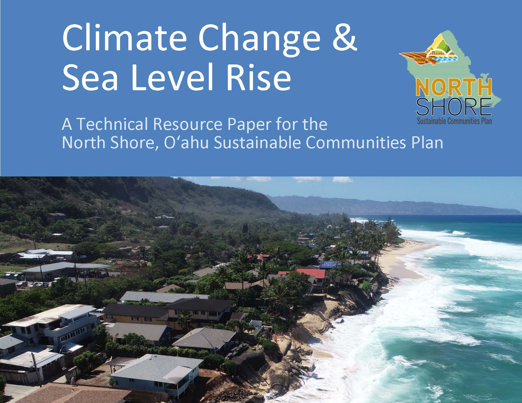 Cover image for 'Climate Change & Sea Level Rise' depicting coastal erosion on the North Shore of Oahu