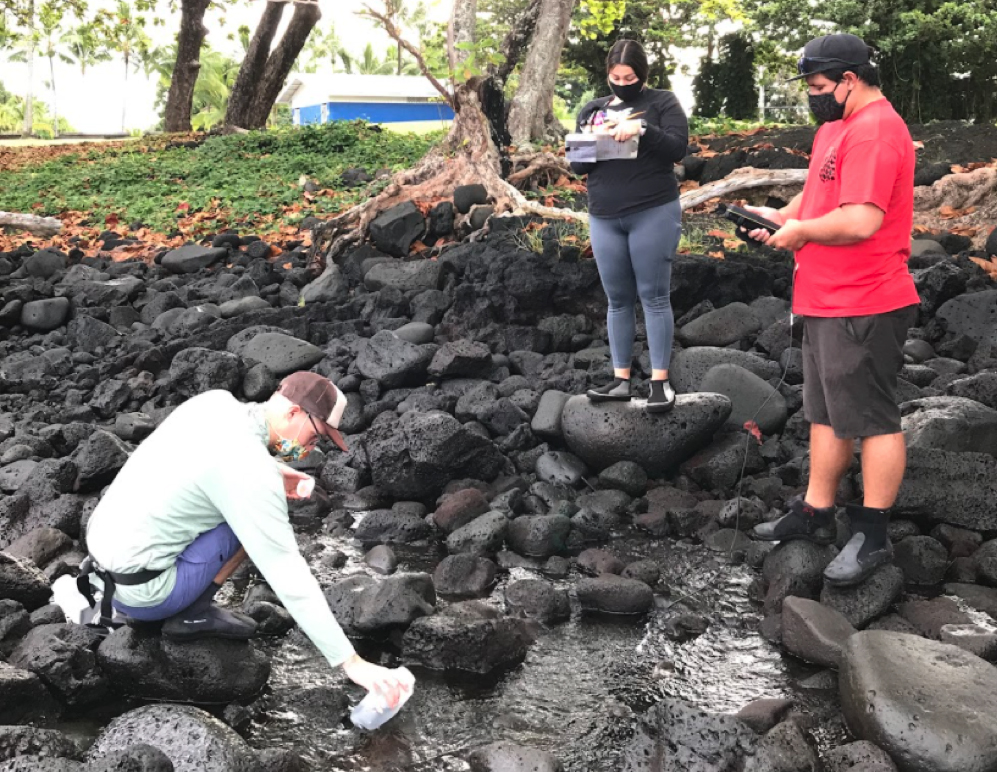 Three people are around a running stream, two taking notes, one bending to catch a water sample in a container.