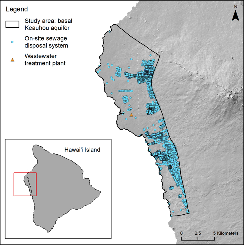 Map showing extensive numbers of OSDS along the west coast of Hawaiʻi Island