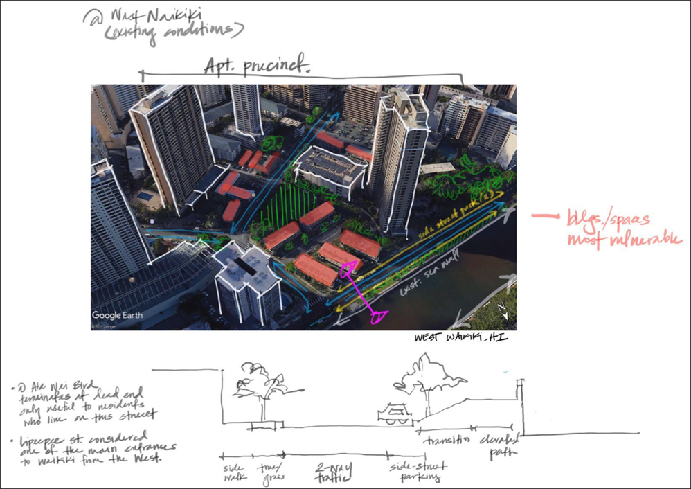 Hand written notes border an overhead image of buildings in Waikiki