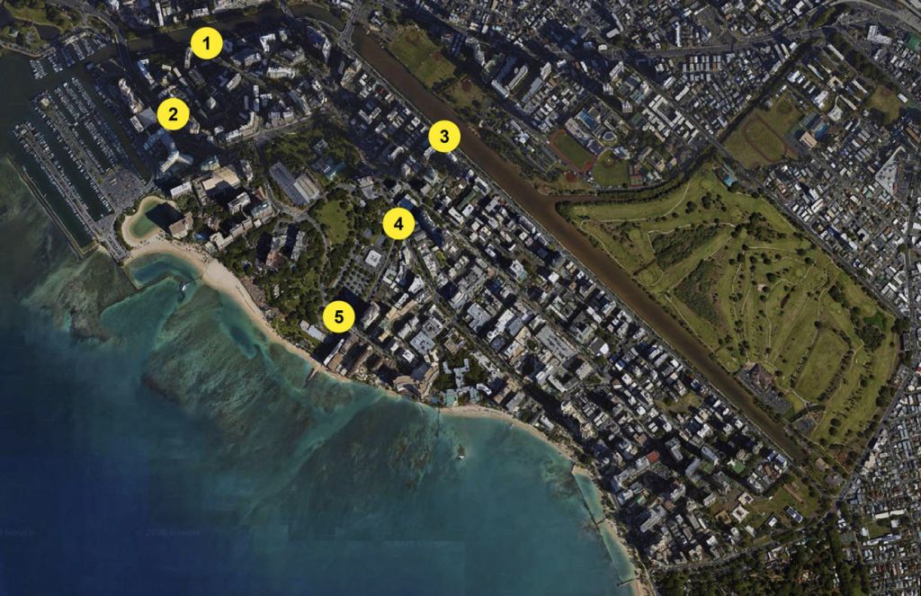 High aerial view of Waikiki with five locations noted by yellow dots
