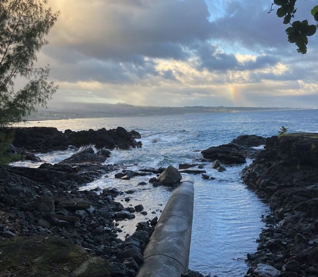 The Hilo Wastewater Treatment Plant effluent pipe extends approximately one mile offshore outside of the Hilo break wall.