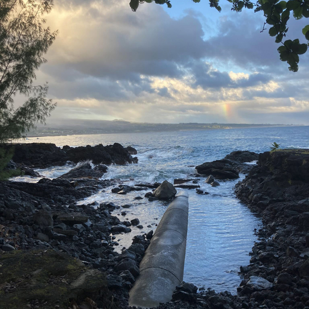 The Hilo Wastewater Treatment Plant effluent pipe extends approximately one mile offshore outside of the Hilo break wall.