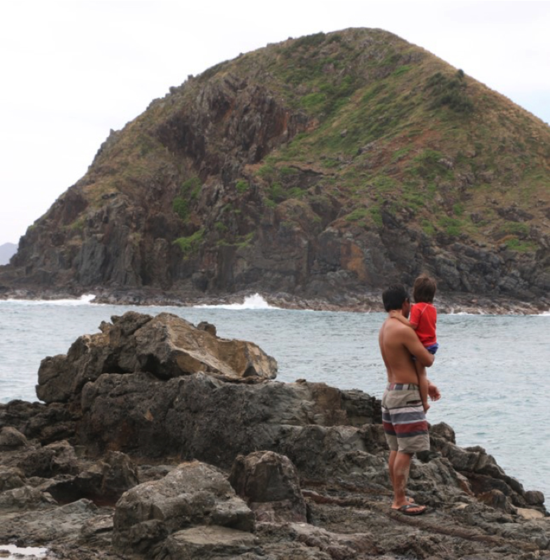 A man standing on a rocky coastline holding a small child, looks across the water at a small rocky island