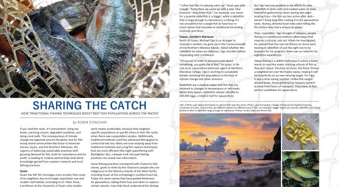 Sharing the Catch article by Robin Donovan. Features images of fish caught in a basket, along with a fisherman throwing a net