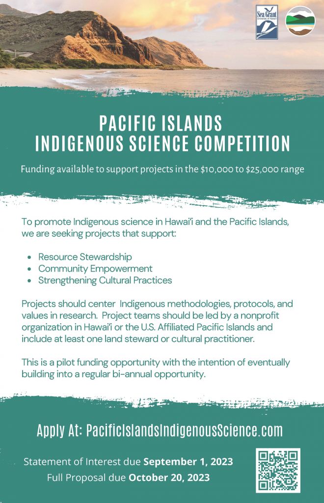 Flyer with a coastal picture of a mountain and details on the Pacific Islands Indigenous Science RFP