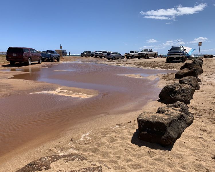 Water floods a beach berm which is lined by cars