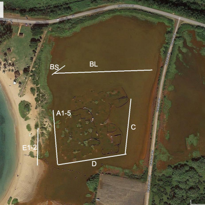 Locations points are drawn on an aerial image of the Salt Pond, depicting locations of electrical resistivity