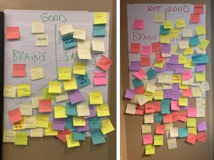 Small colorful notes decorate two large white pieces of paper hung on the wall labelled "Good" and "Not Good", separated into sections for brains, skills, and relationships.