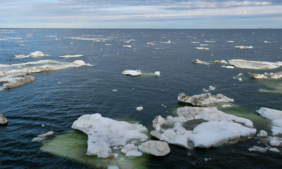 Thin dirty ice flows dot the surface of a dark green ocean, under high, layered clouds